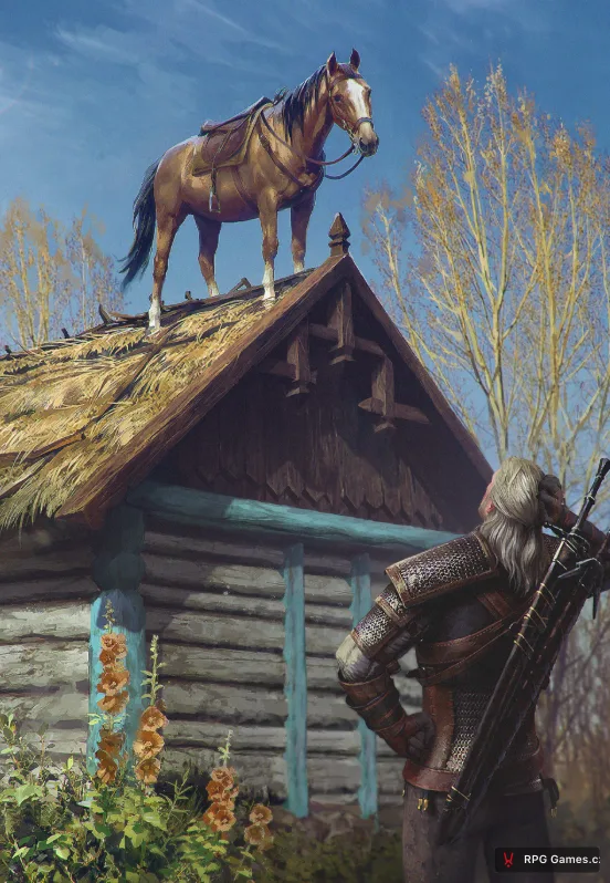 Geralt se dívá na Roach stojící na doškové střeše chaty, odkaz na staré chování klepny