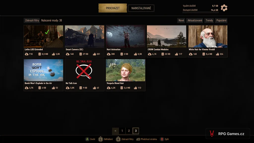 Třetí stránka katalogu modů v menu Modifikace Remasteru Zaklínače 3
