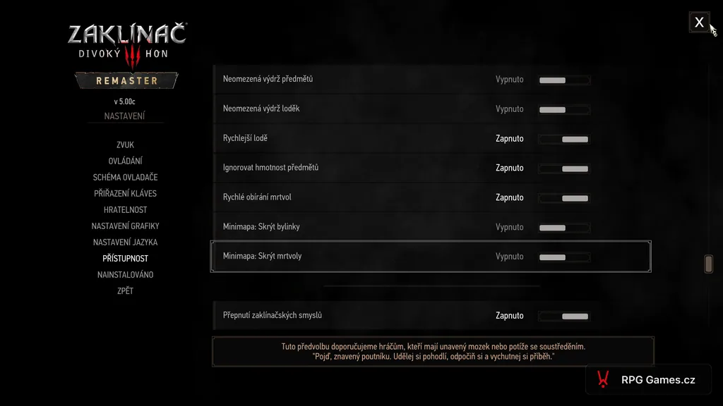 Menu Přístupnost v Remasteru Zaklínače 3 s volbami výdrže, rychlejších lodí a ignorování hmotnosti