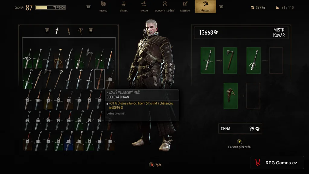 Záložka Překovat u mistra kováře s výběrem zbraní a náhledem Geralta v Remasteru