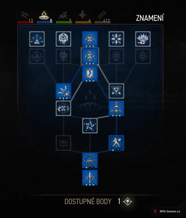 Modrý strom schopností znamení v remasteru Zaklínače 3