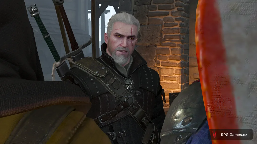 Geralt v dialogu s Ronvidem a najatým rváčem ve Stříbrném městě, Zaklínač 3