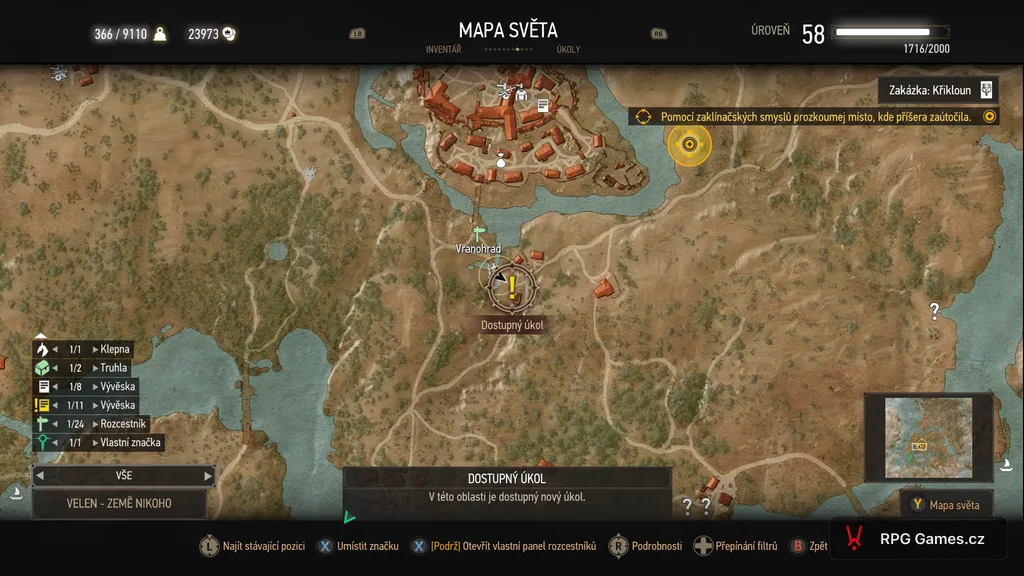 Mapa Velenu s dostupným úkolem u mostu k Vranohradu, Zaklínač 3