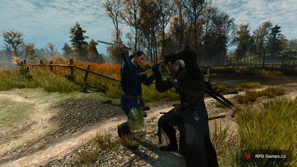 Geralt v souboji s Ronvidem na cestě u Vranohradu ve Velenu, Zaklínač 3