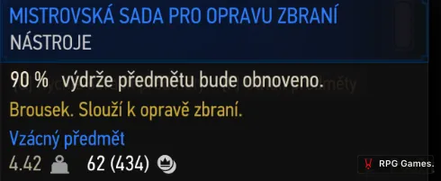 Tooltip mistrovské sady pro opravu zbraní v inventáři Zaklínače 3