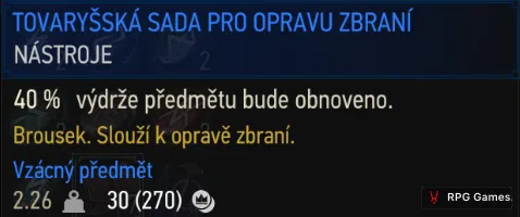Tooltip tovaryšské sady pro opravu zbraní v inventáři Zaklínače 3