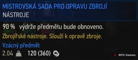 Tooltip mistrovské sady pro opravu zbrojí v inventáři Zaklínače 3