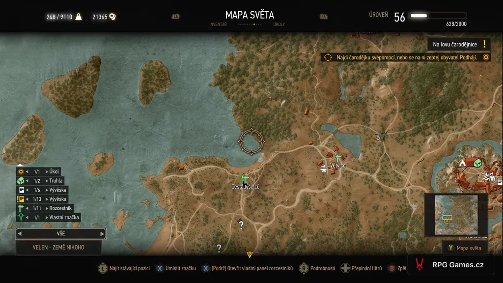 Mapa Velenu s rozcestníkem Cesta viselců a vykřičníkem questu Samosoud, Zaklínač 3