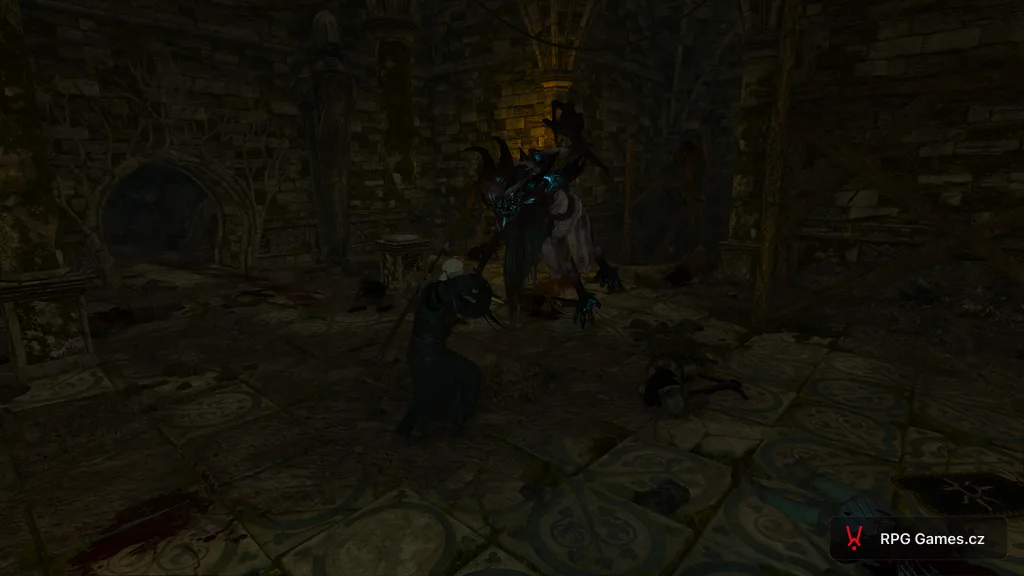 Geralt se stříbrným mečem proti Sarasti v elfských ruinách u Újezdcu, Zaklínač 3