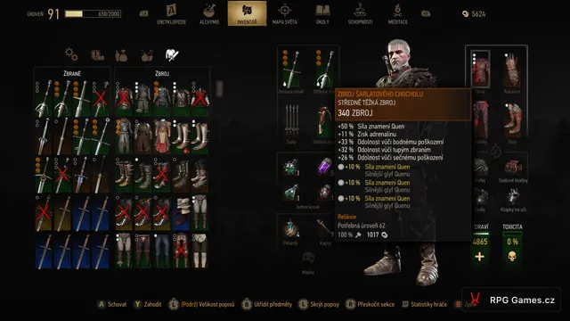 Tooltip zbroje Šarlatového chocholu v inventáři Zaklínač 3