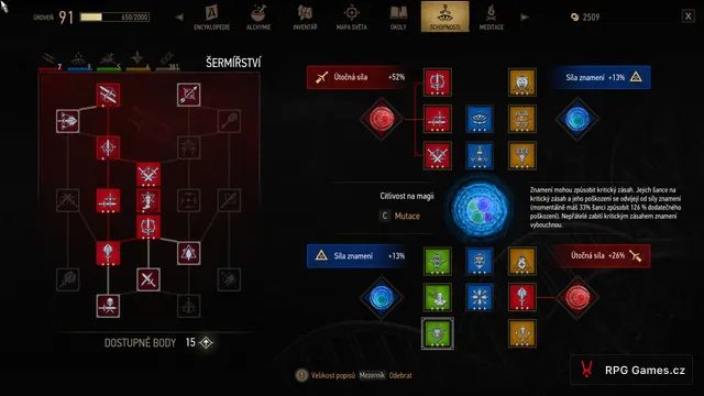 Menu schopností s mutací Citlivost na magii u Queen buildu