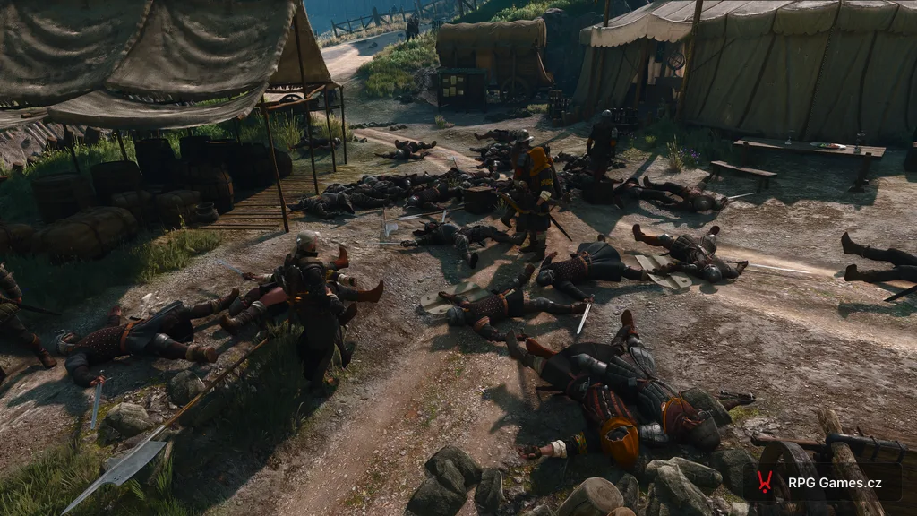 Geralt v medvědí zbroji po boji v nilfgaardském táboře v Remasteru