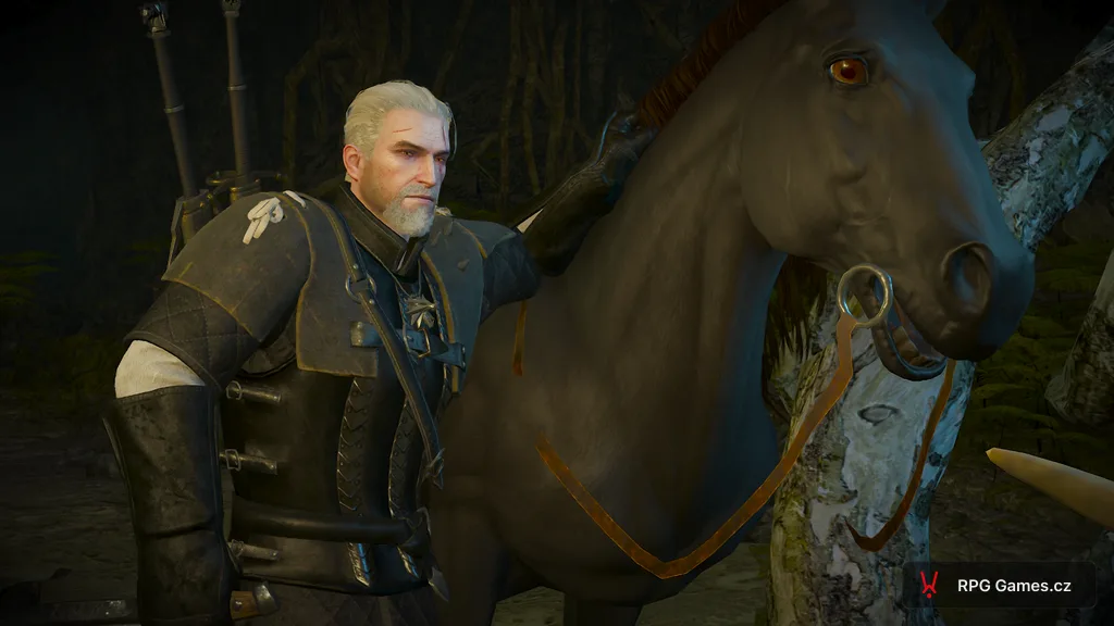 Geralt u černého koně s rudýma očima po rituálu ve hře Zaklínač 3