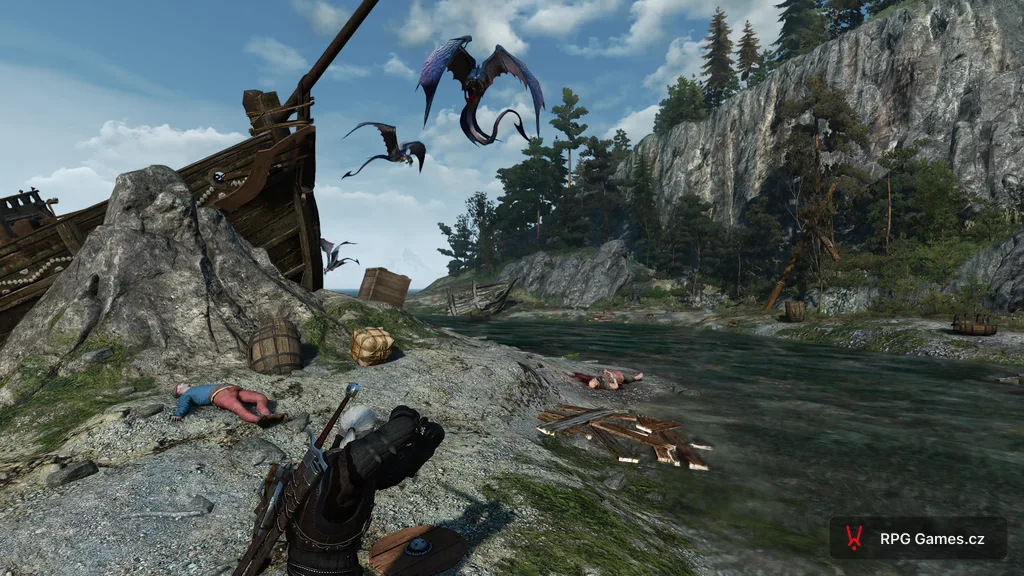 Geralt míří kuší na smečku sirén u vraku na pobřeží Skellige, Zaklínač 3