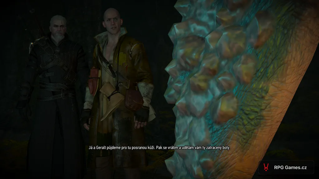 Talar a Geralt v dialogu se skalním trollem v jeskyni, Zaklínač 3