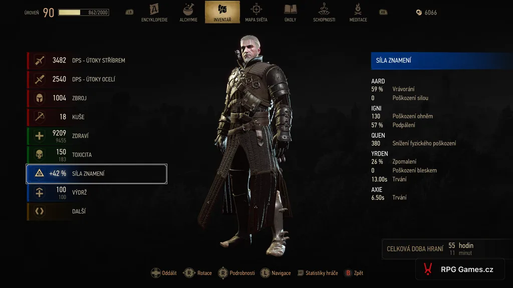 Statistiky síly znamení Quen u Queen buildu Remaster