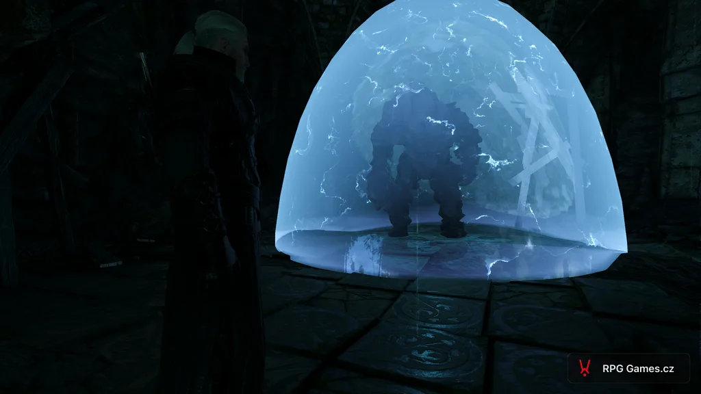Therazene v magické bariéře pod Moldavským sídlem, Geralt se dívá — Zaklínač 3
