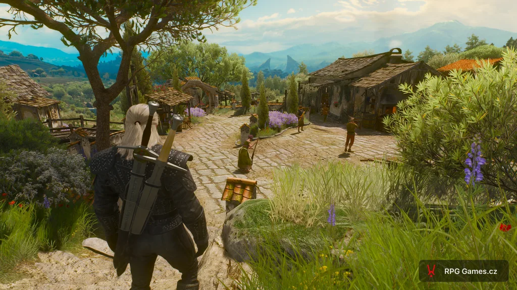 Toussaint v hre Zaklínač 3 — vinárska usadlosť Corvo Bianco s NPC na dvore