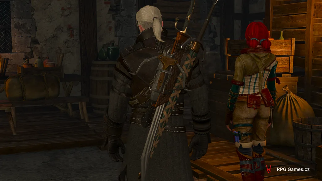 Geralt a Triss v úkrytu v Novigradu při řešení sošek, Zaklínač 3