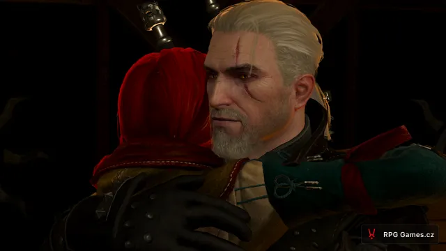 Geralt objímá Triss ve stanu u tábora na Undviku, Zaklínač 3