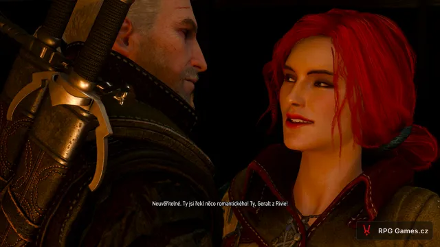 Triss reaguje na romantickou repliku Geralta ve stanu, Zaklínač 3