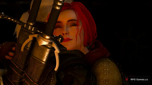 Triss v objetí Geralta ve stanu u nilfgaardského tábora, Zaklínač 3