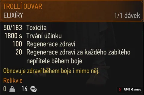 Tooltip trollího odvaru v inventáři Zaklínače 3