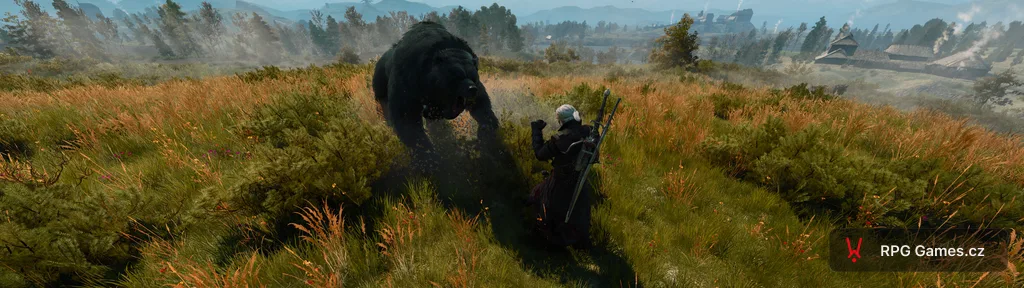 Geralt proti medvědovi s vesnicí v pozadí, Zaklínač 3 ultrawide