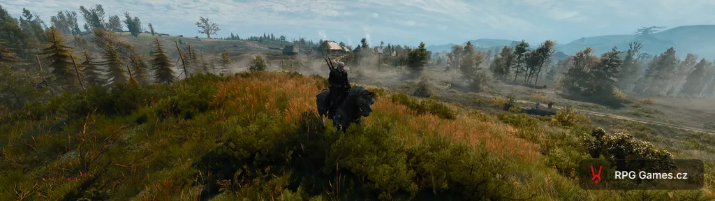 Geralt na Roach nad kopci a vesnicí, Zaklínač 3 ultrawide
