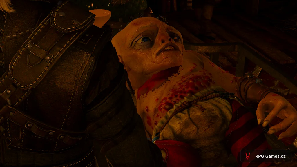 Uma leží na posteli, Geralt stojí u ní v Kaer Morhen, Zaklínač 3