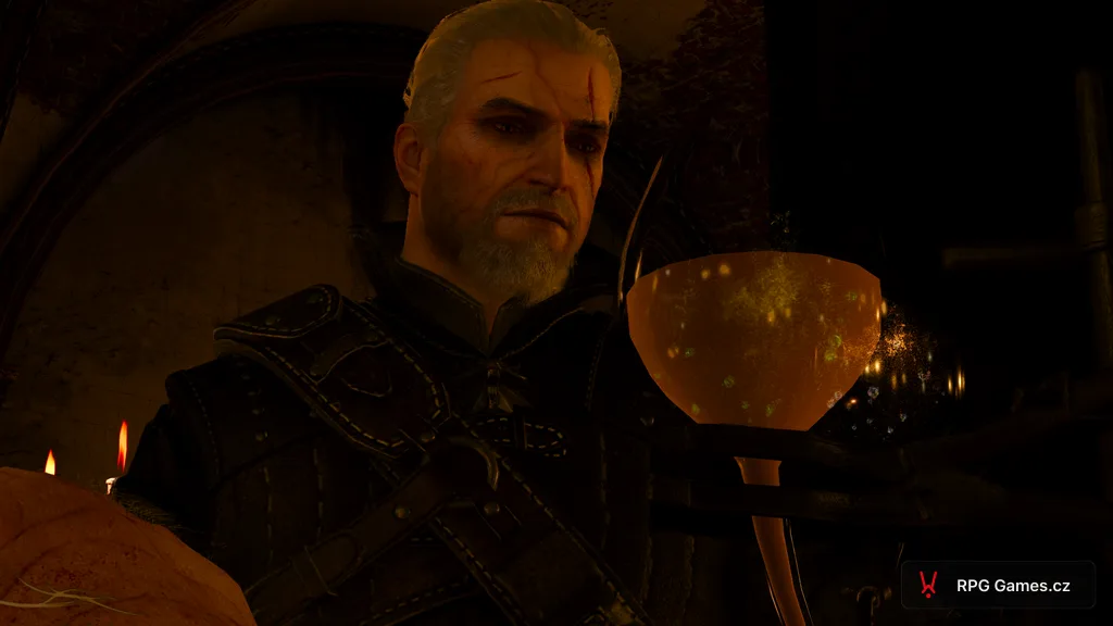 Geralt u zářících lektvarů během rituálu v Kaer Morhen, Zaklínač 3