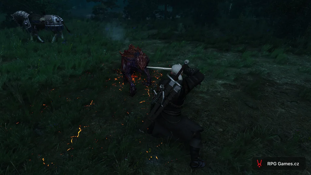 Geralt se stříbrným mečem proti včelímu fantomu v poli v noci — Zaklínač 3