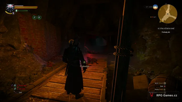 Geralt v dole u mrtvoly při prohlídce šachty, Zaklínač 3