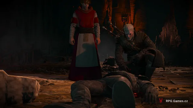 Geralt a kněz u mrtvoly kněze v dole, Zaklínač 3