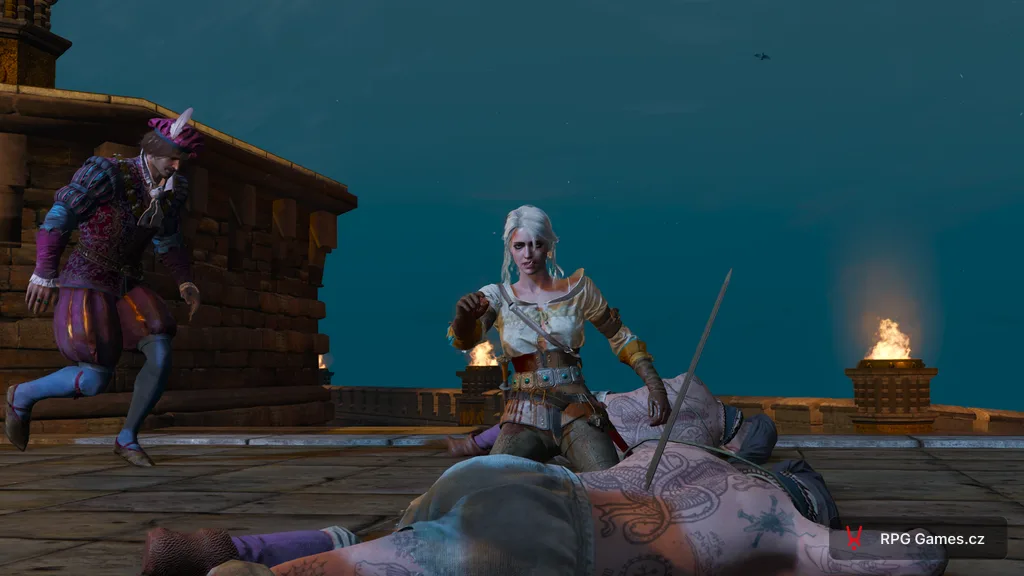 Ciri a Marigold na můstku u chrámu po boji, S větrem o závod