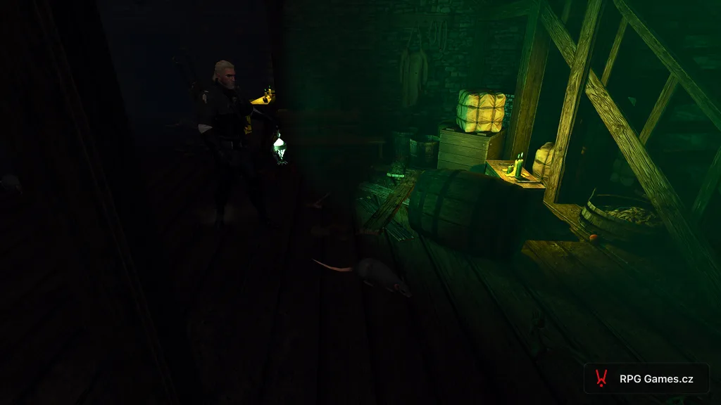 Geralt s magickou lampou a krysami ve věži, Zaklínač 3