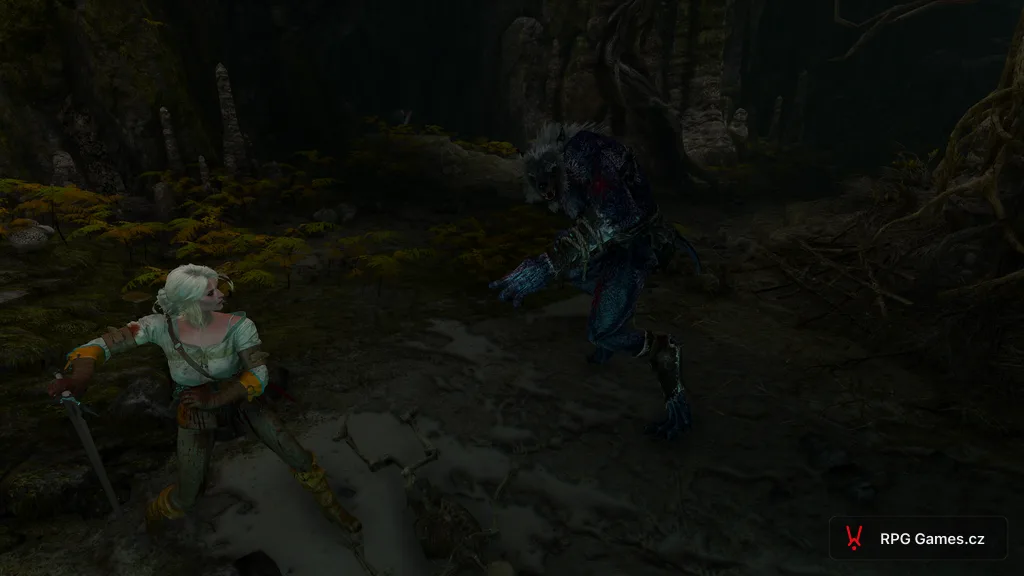Ciri s mečem proti Vlčímu králi v temné jeskyni ve Velenu, Zaklínač 3