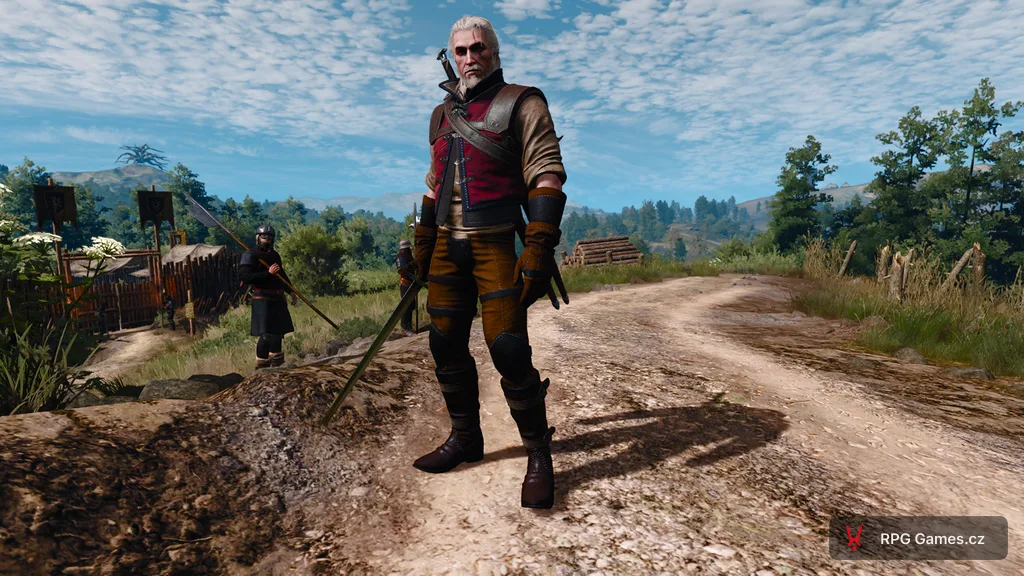 Geralt v základní vlčí zbroji s ocelovým mečem, Zaklínač 3
