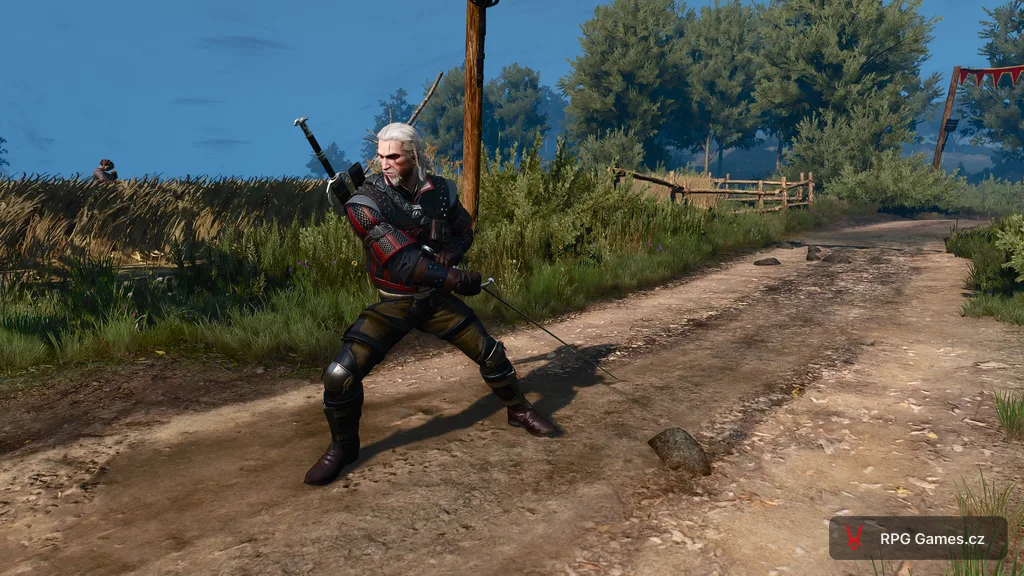 Geralt v mistrovské vlčí zbroji v bojovém postoji, Zaklínač 3
