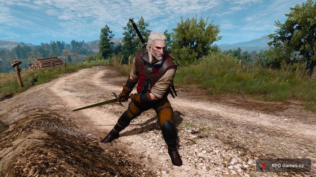 Geralt v základní vlčí zbroji v bojovém postoji, Zaklínač 3