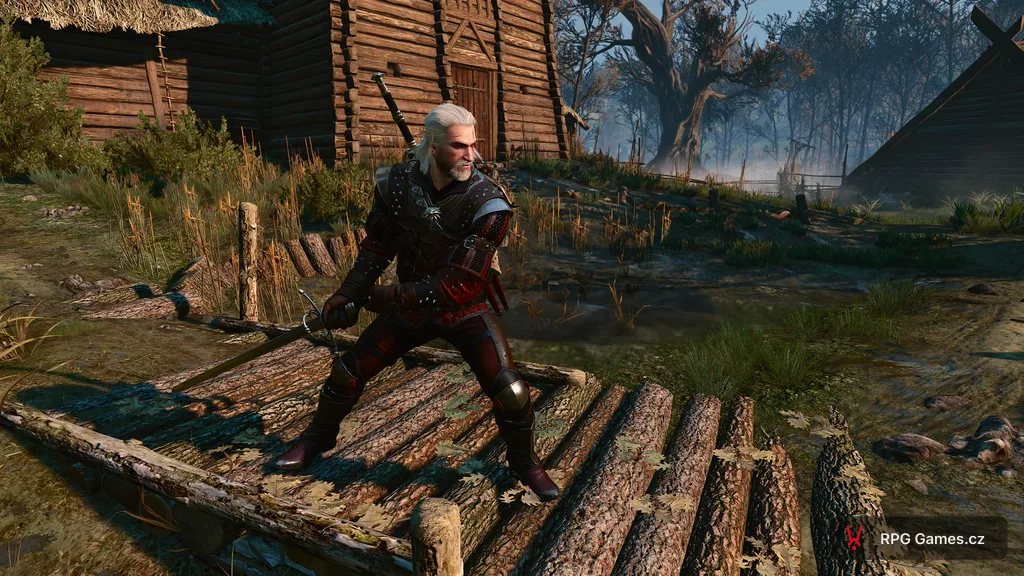 Geralt ve velmistrovské vlčí zbroji v bojovém postoji, Zaklínač 3