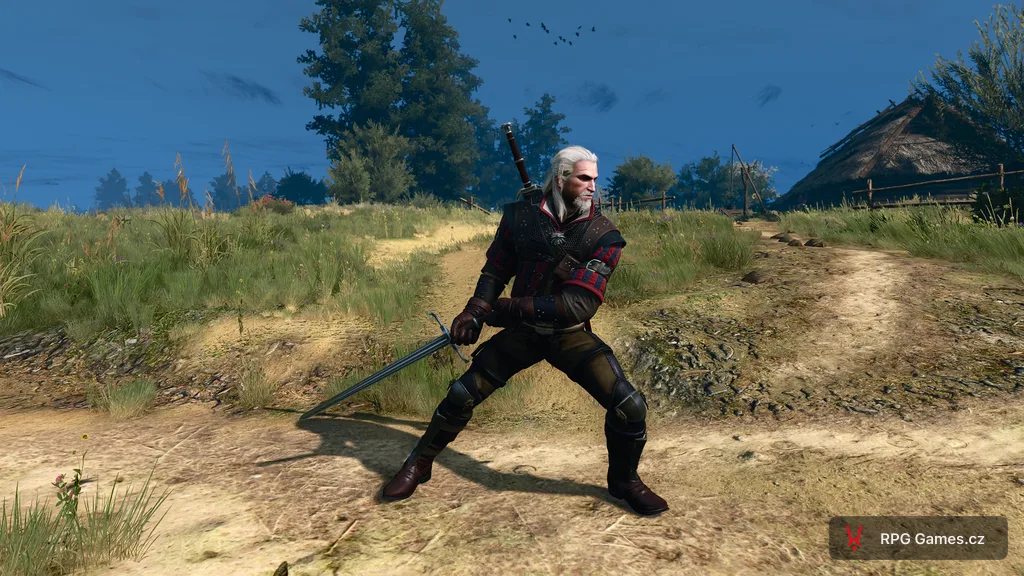 Geralt v prvotřídní vlčí zbroji v bojovém postoji, Zaklínač 3