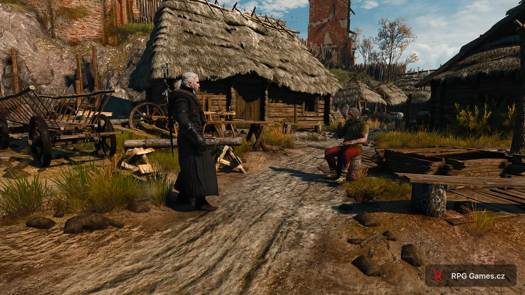 Geralt mluví se starým mužem na sudu v podhradí Vranohradu, Zaklínač 3