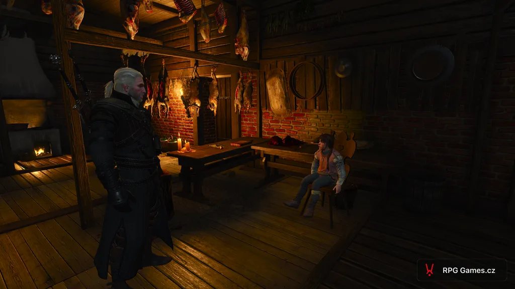 Geralt v kuchyni Vranohradu mluví s Mařenkou sedící na židli, Zaklínač 3