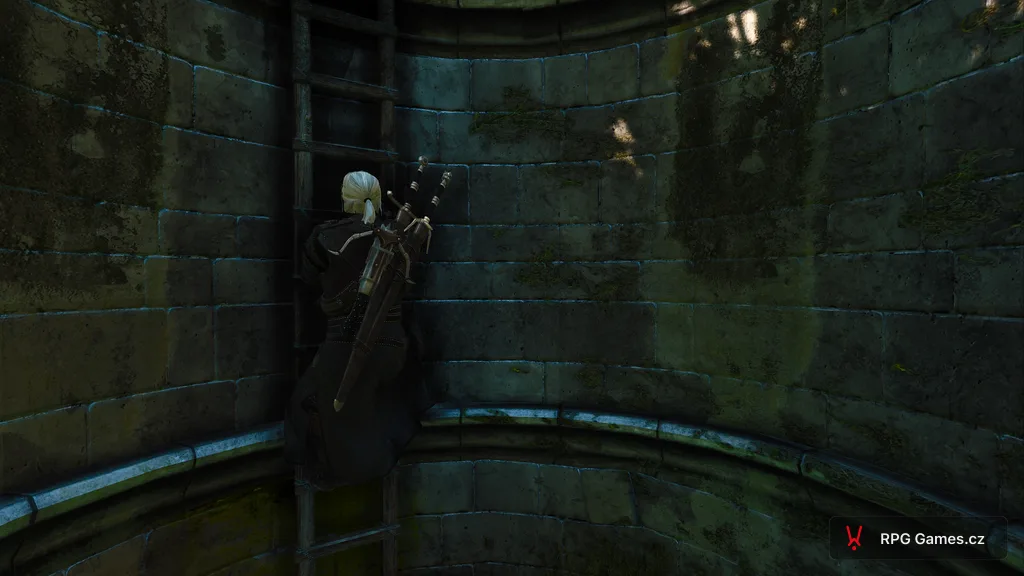 Geralt leze po dřevěném žebříku ve kamenné studni na Vranohradu, Zaklínač 3