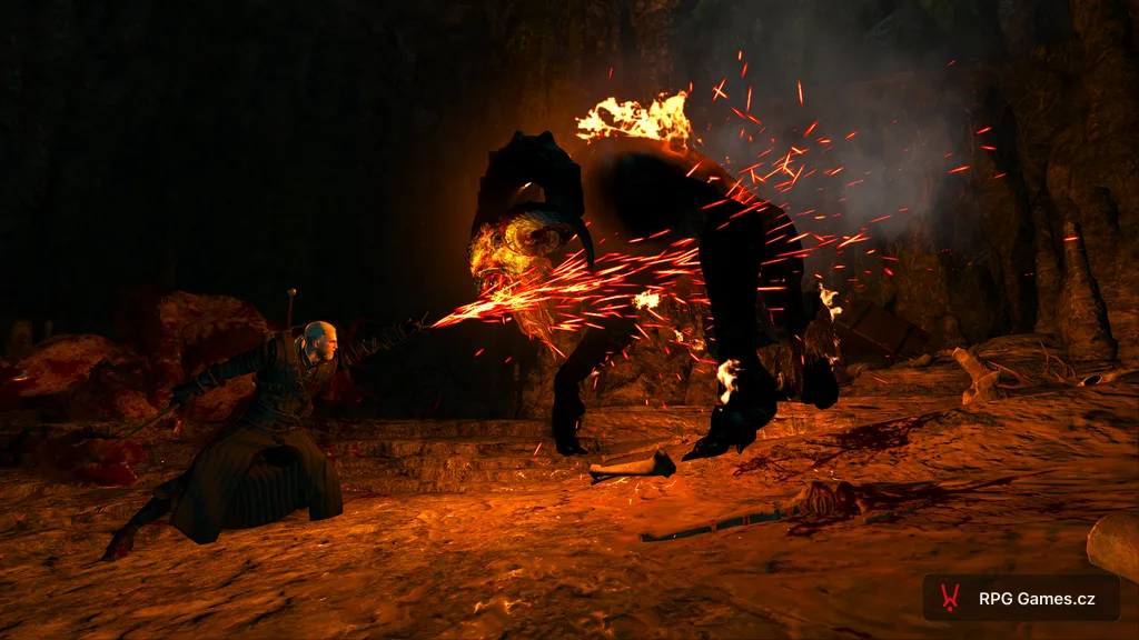Geralt pálí Vřešťana Ignem v jeskyni u Zálipí — čert v plamenech, Zaklínač 3
