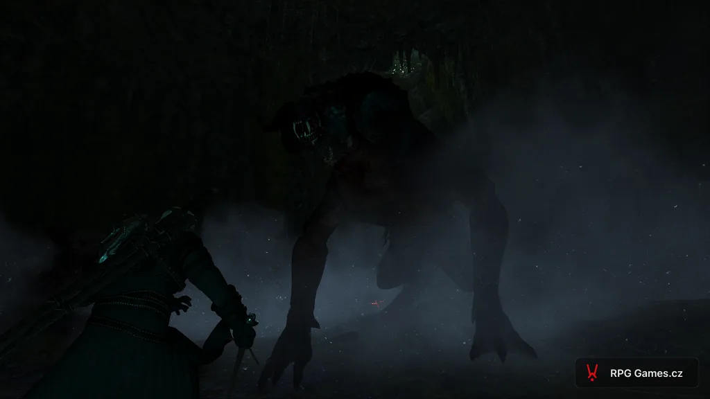 Geralt proti Vřešťanovi v temné jeskyni u Zálipí — rohatý čert, Zaklínač 3