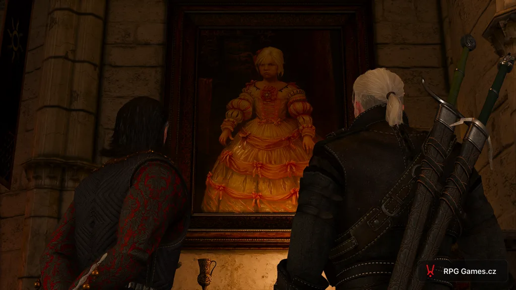 Geralt a nilfgaardský dvořan u portrétu mladé Ciri ve Wyzimě, Zaklínač 3