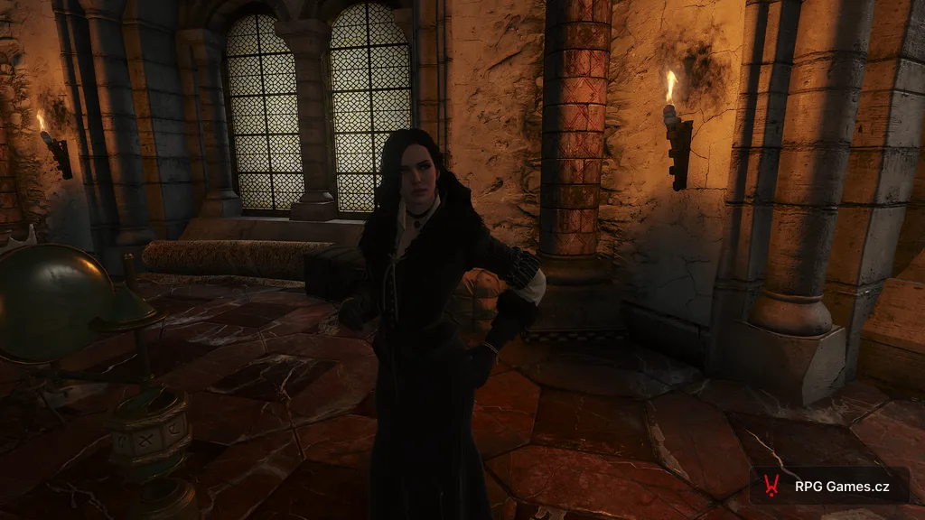 Yennefer of Vengerberg in a black fur-lined coat — torchlit stone hall, The Witcher 3