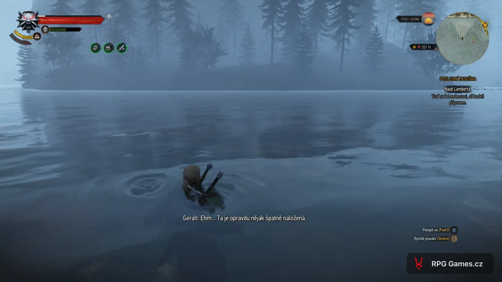 Geralt plave v jezeře u Kaer Morhen po Yenneferině teleportu, Zaklínač 3
